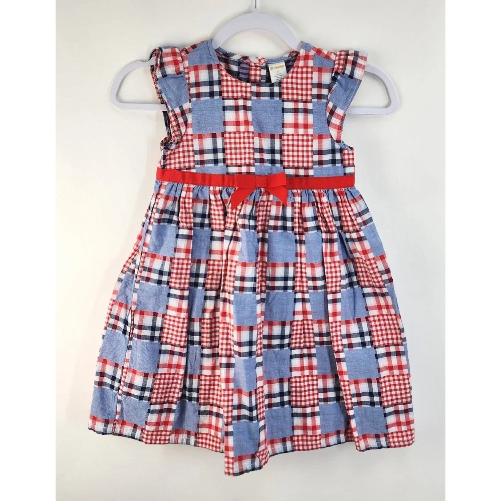 Gymboree Dress Girls 5T Patriotic Patchwork Red Blue Cap Sleeve Bow